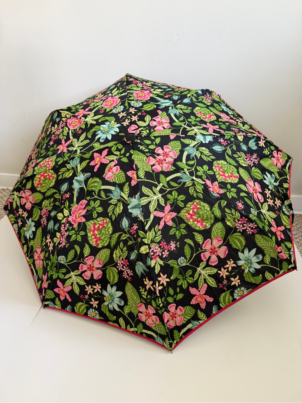 Vera Bradley Floral Compact Umbrella Black Pink Green Automatic